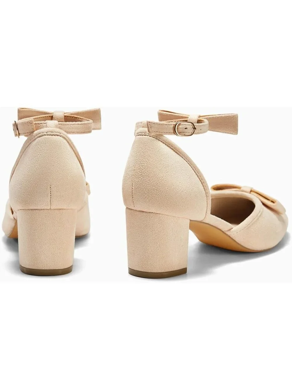 Women's Nude Chunky Low Heels Bow Closed Toe Ankle Strap Elegant Wedding Pumps